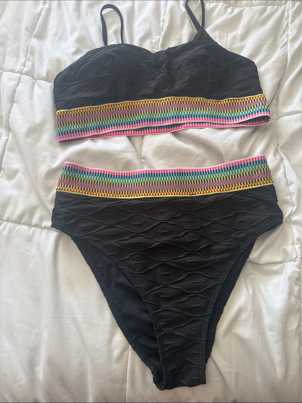 Black High-Waist Bikini Set with Colorful Waistband